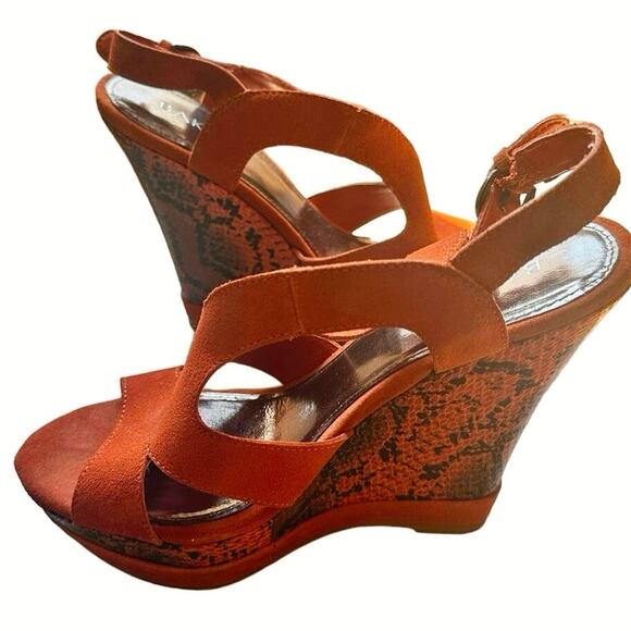 Bakers Snakeskin & Suede Wedge High Heel Open Toe Shoes Sz. 8 in Box Orange - Picture 14 of 16
